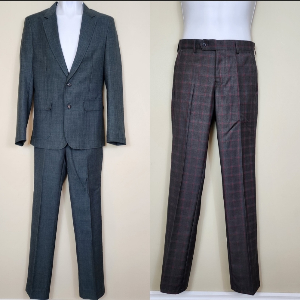 ESKY Mens 3 Piece Suit Set Cotton Blend Plaid Pants Slim Fit Size 48 (Medium)